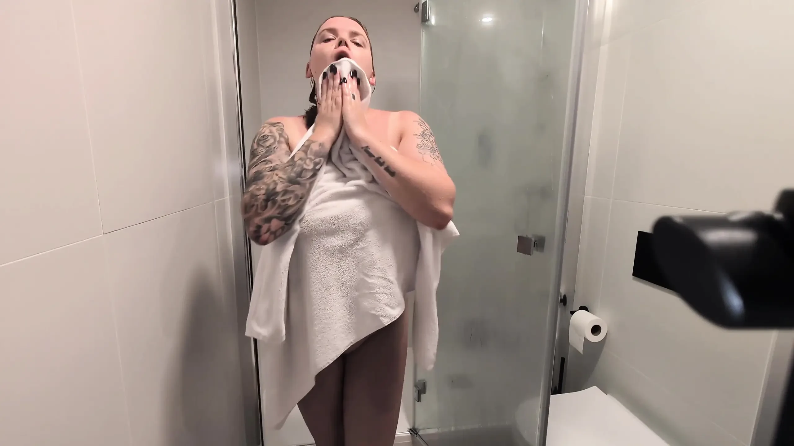 The Girl with Big Tits Takes a Shower and Masturbates.